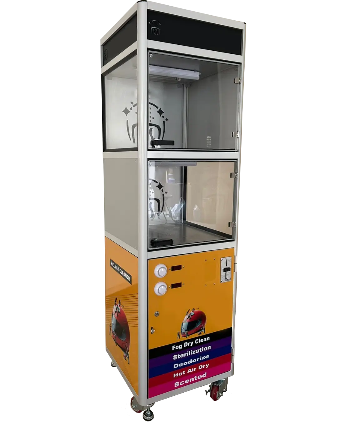 The Clean N Fresh Helmet machine, India's first patented helmet cleaning machine that uses fog dry clean, sterilization, and hot air dry technology